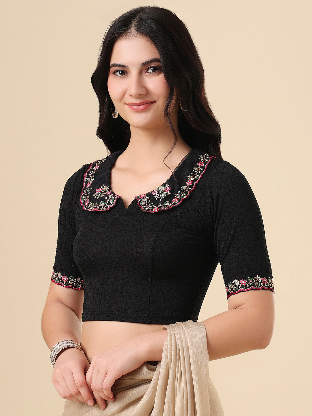 Black Lycra Peter Pan Collar Neck Readymade Blouse