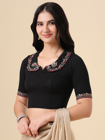 Black Lycra Peter Pan Collar Neck Readymade Blouse