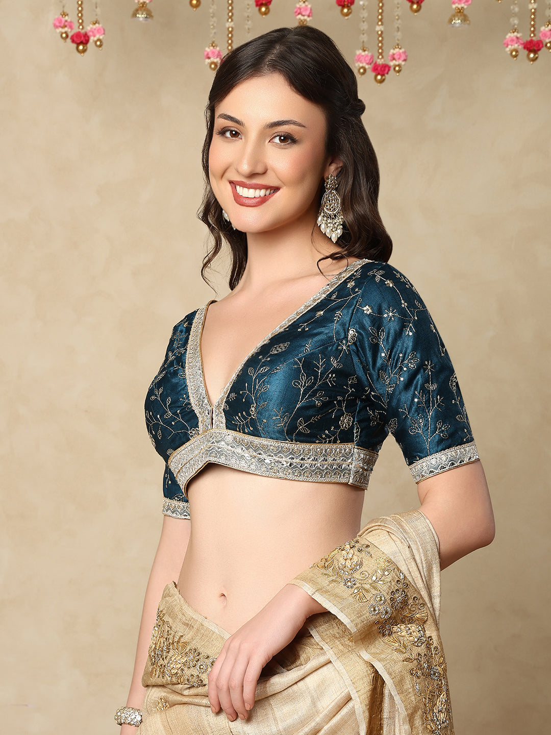 Blue Silk V Neck Readymade Blouse