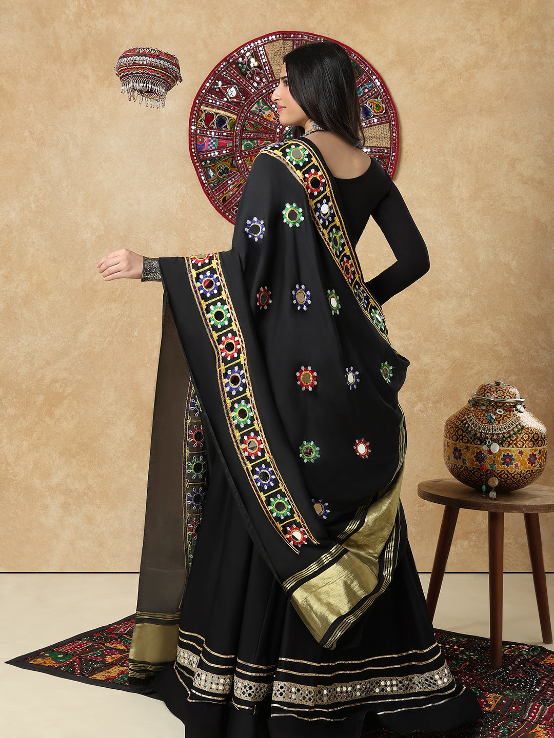Black Silk Embroidered Mirror Work Festive Garba Dupatta For Navratri
