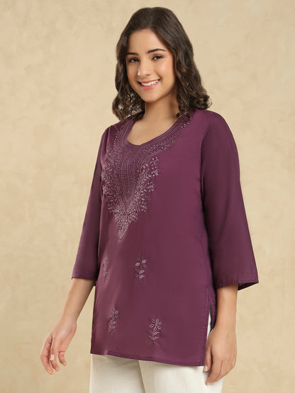 Purple Cotton Solid Embroidered Short Kurti