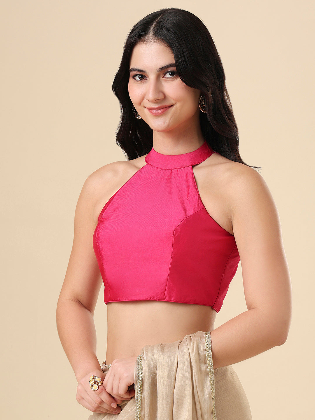 Pink Silk Halter Neck Readymade Blouse