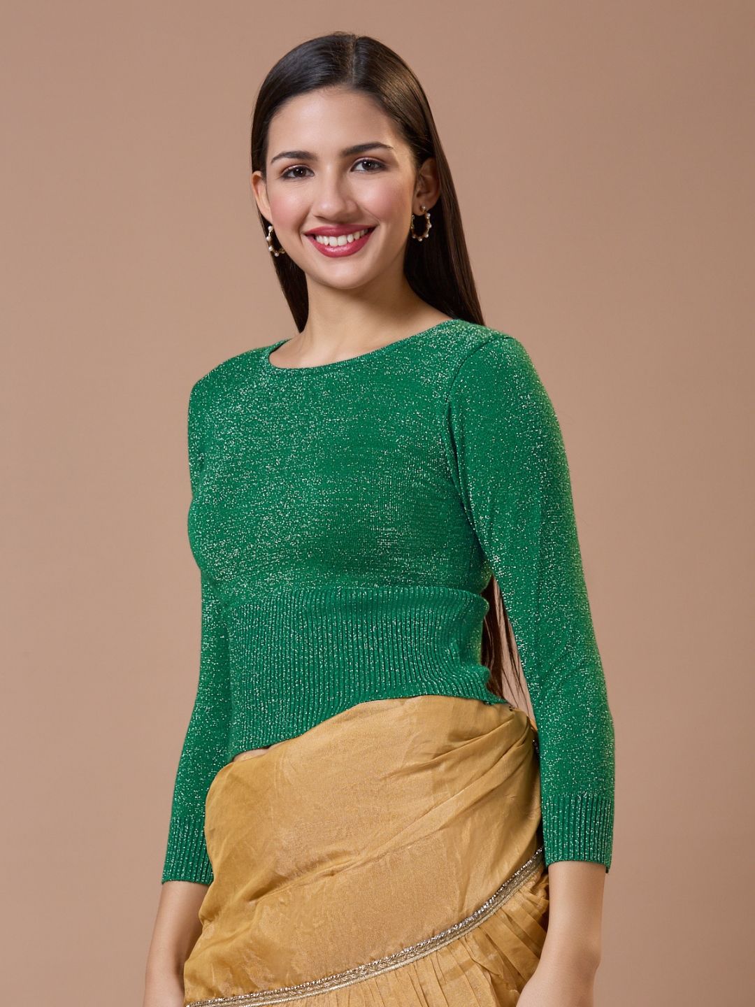 Green Woolen Round Neck Full Sleeves Stretchable Readymade Blouse
