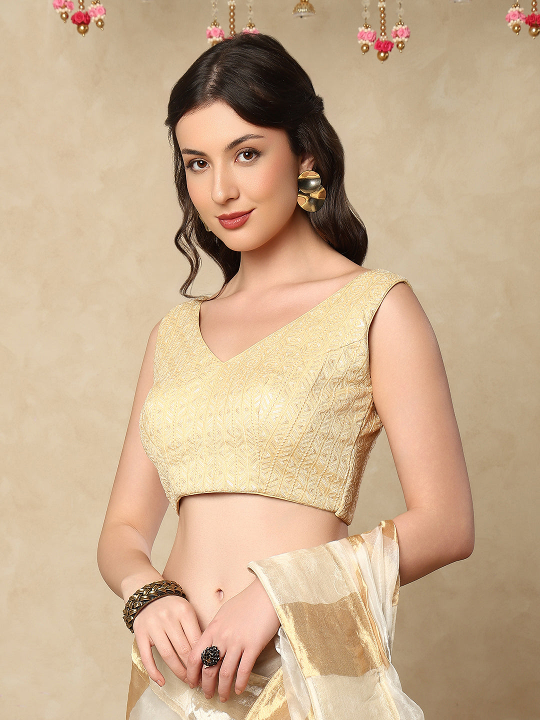 Gold Georgette V Neck Sleeveless Readymade Blouse