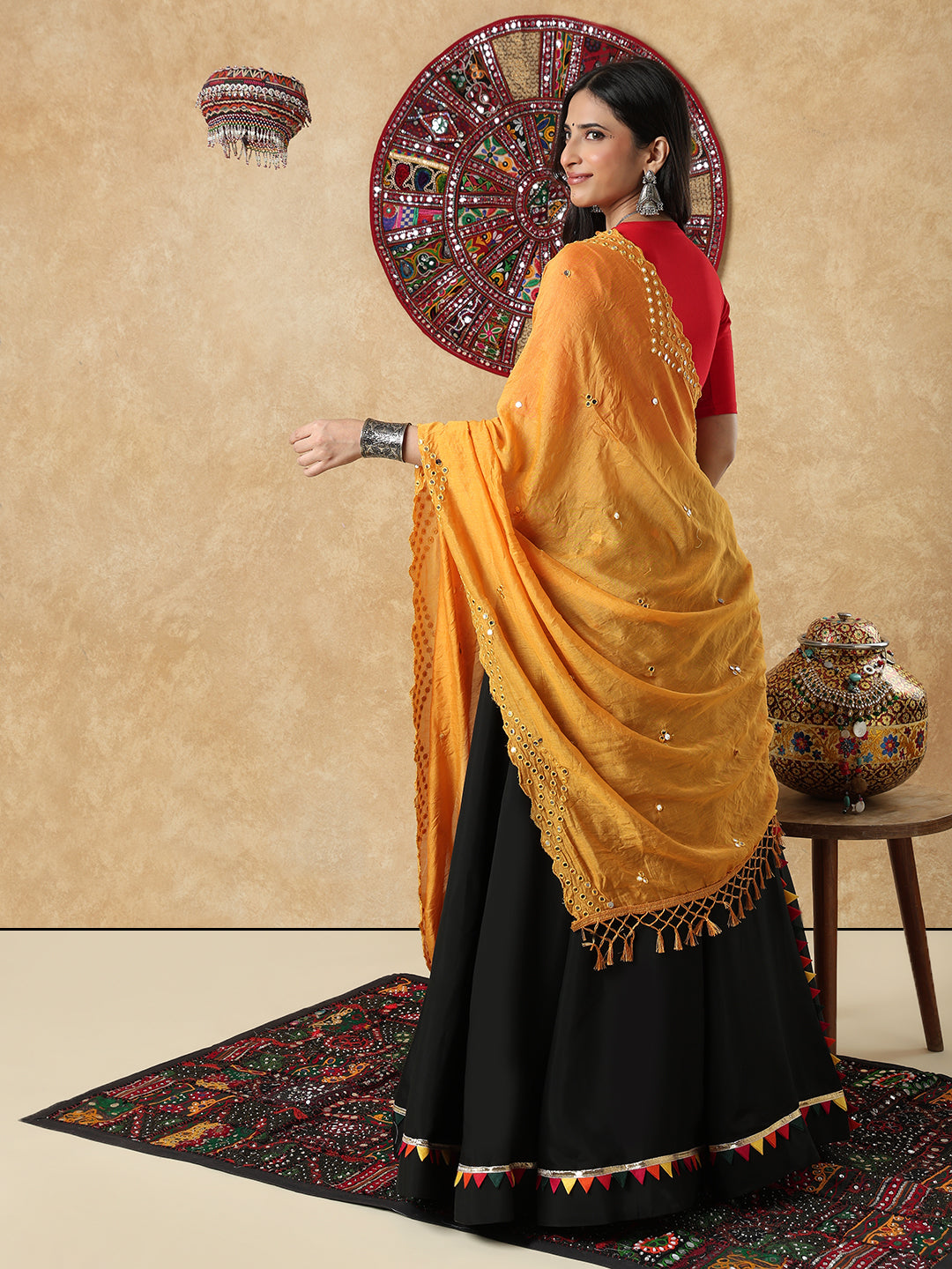 Yellow Silk Mirror Work Festive Garba Dupatta For Navratri