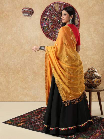 Yellow Silk Mirror Work Festive Garba Dupatta For Navratri