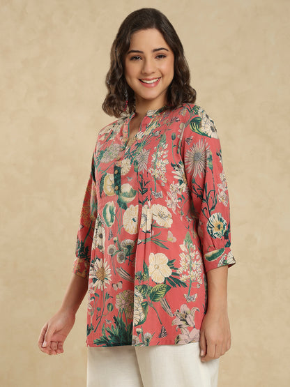 Red Cotton Floral Printed Short Kurti