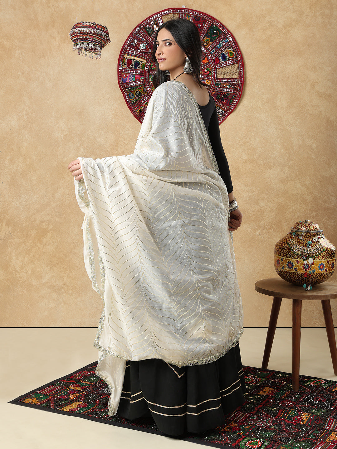 White Silk Festive Garba Dupatta For Navratri
