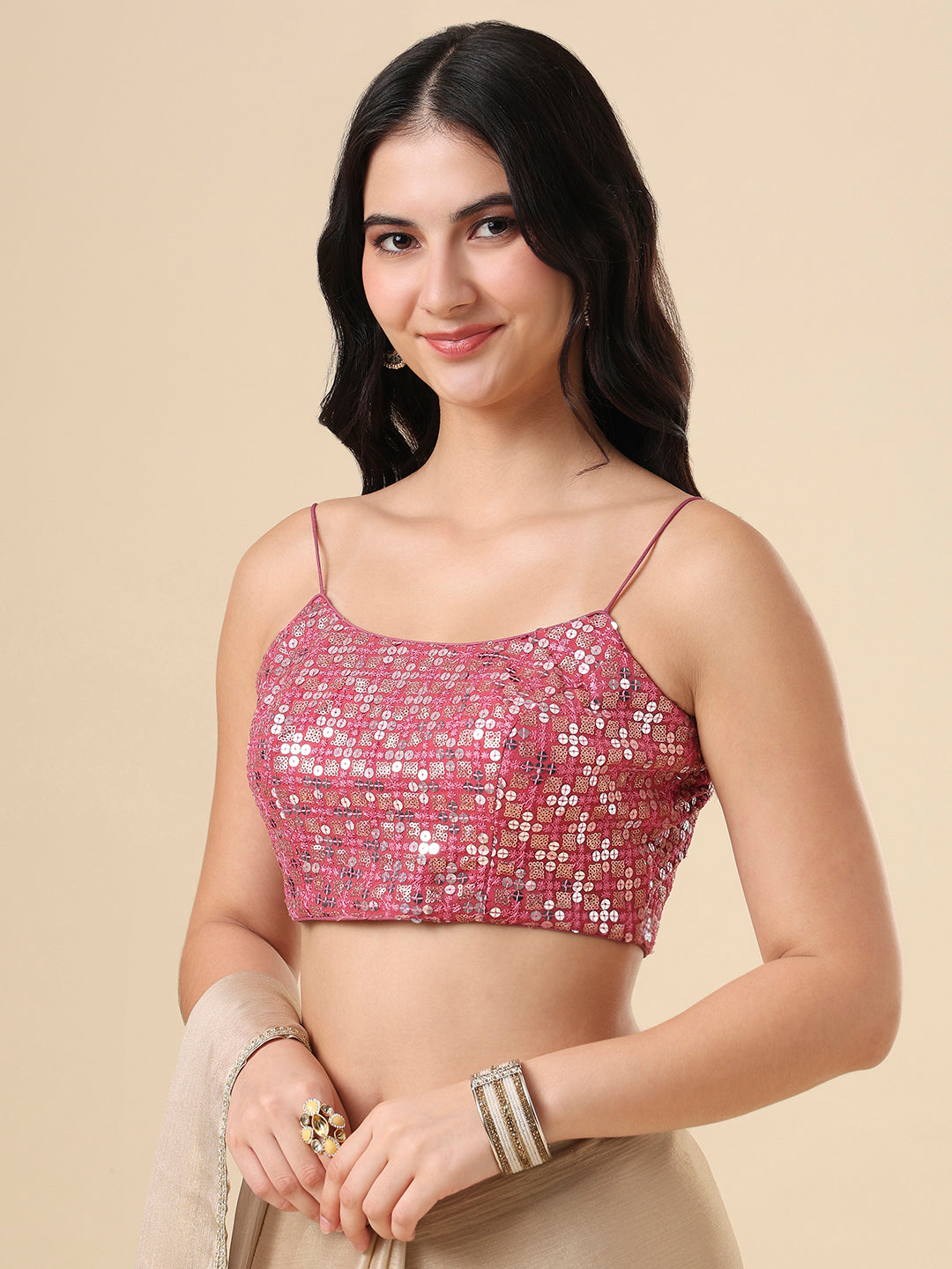 Pink Embellished Sleeveless Readymade Blouse