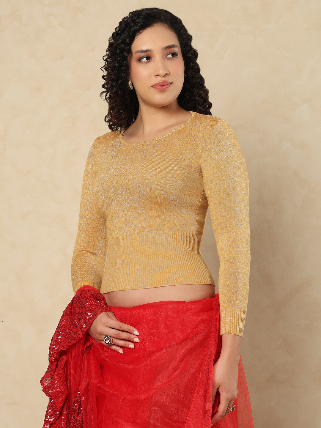 Gold Woolen Round Neck Full Sleeves Stretchable Readymade Blouse