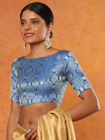 Blue Brocade  Neck Brocade Elbow Sleeves Readymade Saree Blouse