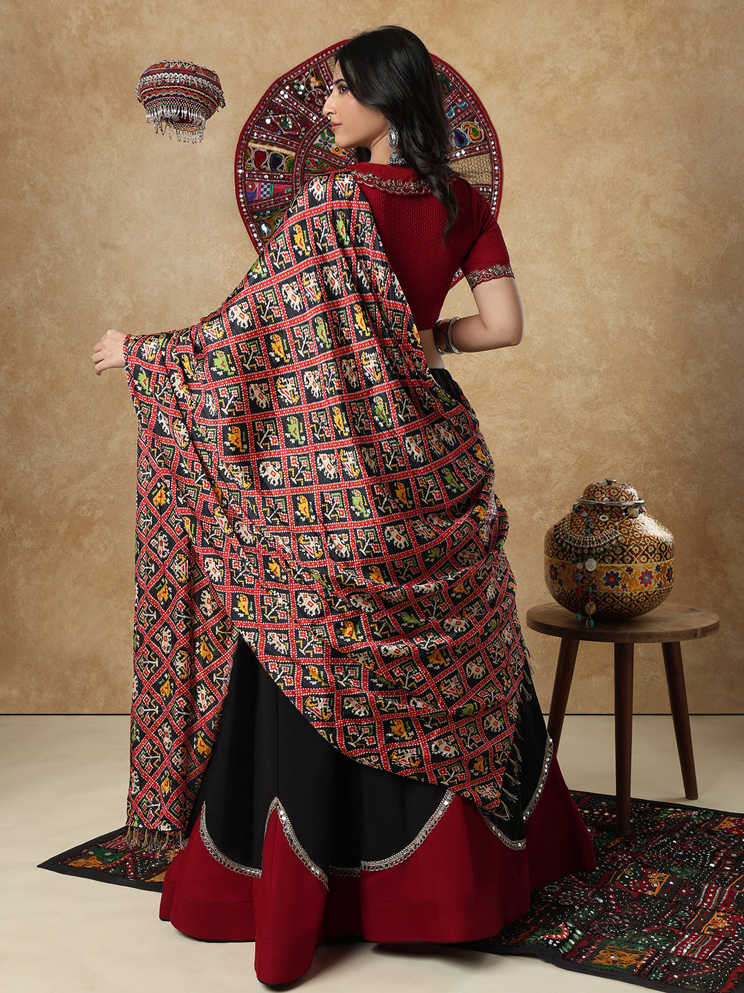 Black Silk Patola Printed Festive Garba Dupatta For Navratri