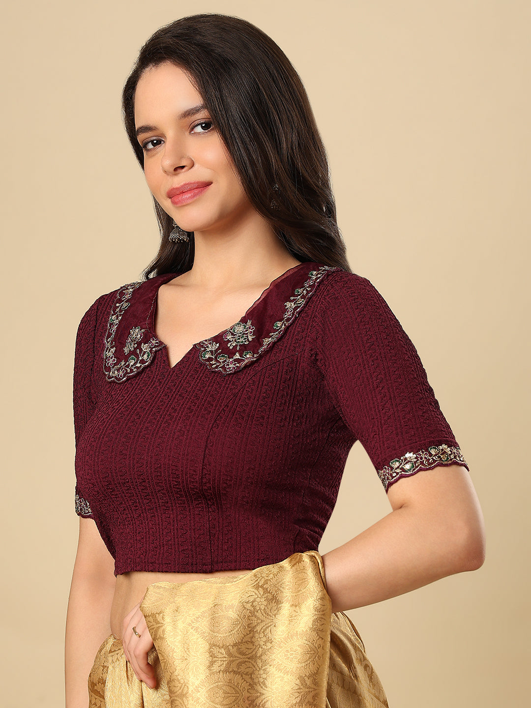 Wine Embroidered Non Padded Stretchable Saree Blouse