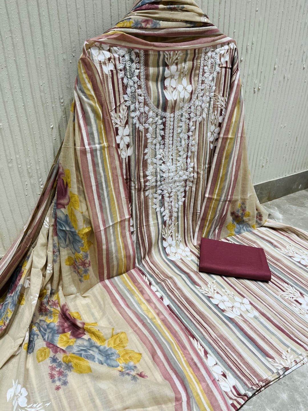 Mauve Cotton Embroidered Unstitched Dress Material