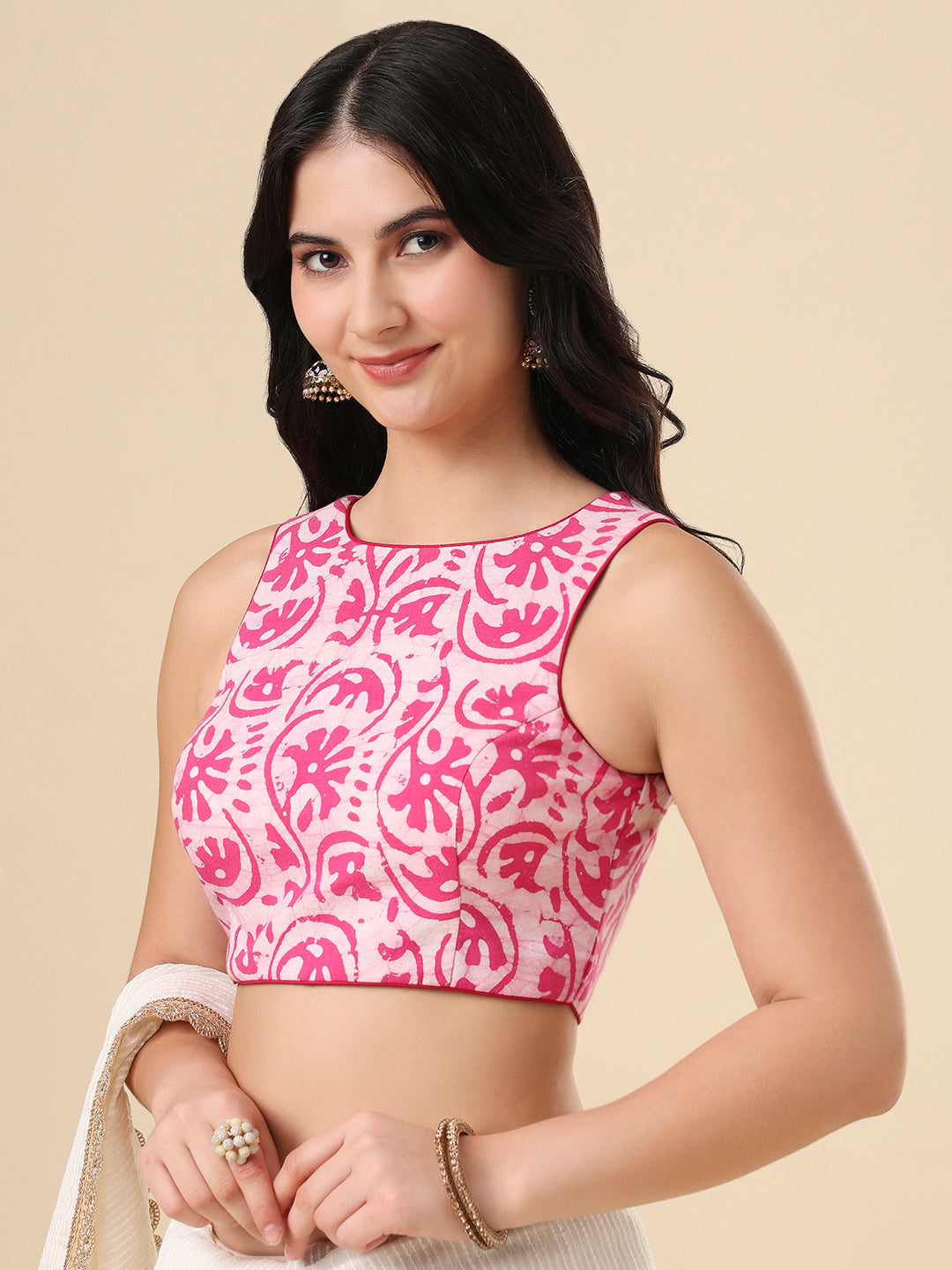 Pink Pure Cotton Batik Printed Readymade Blouse
