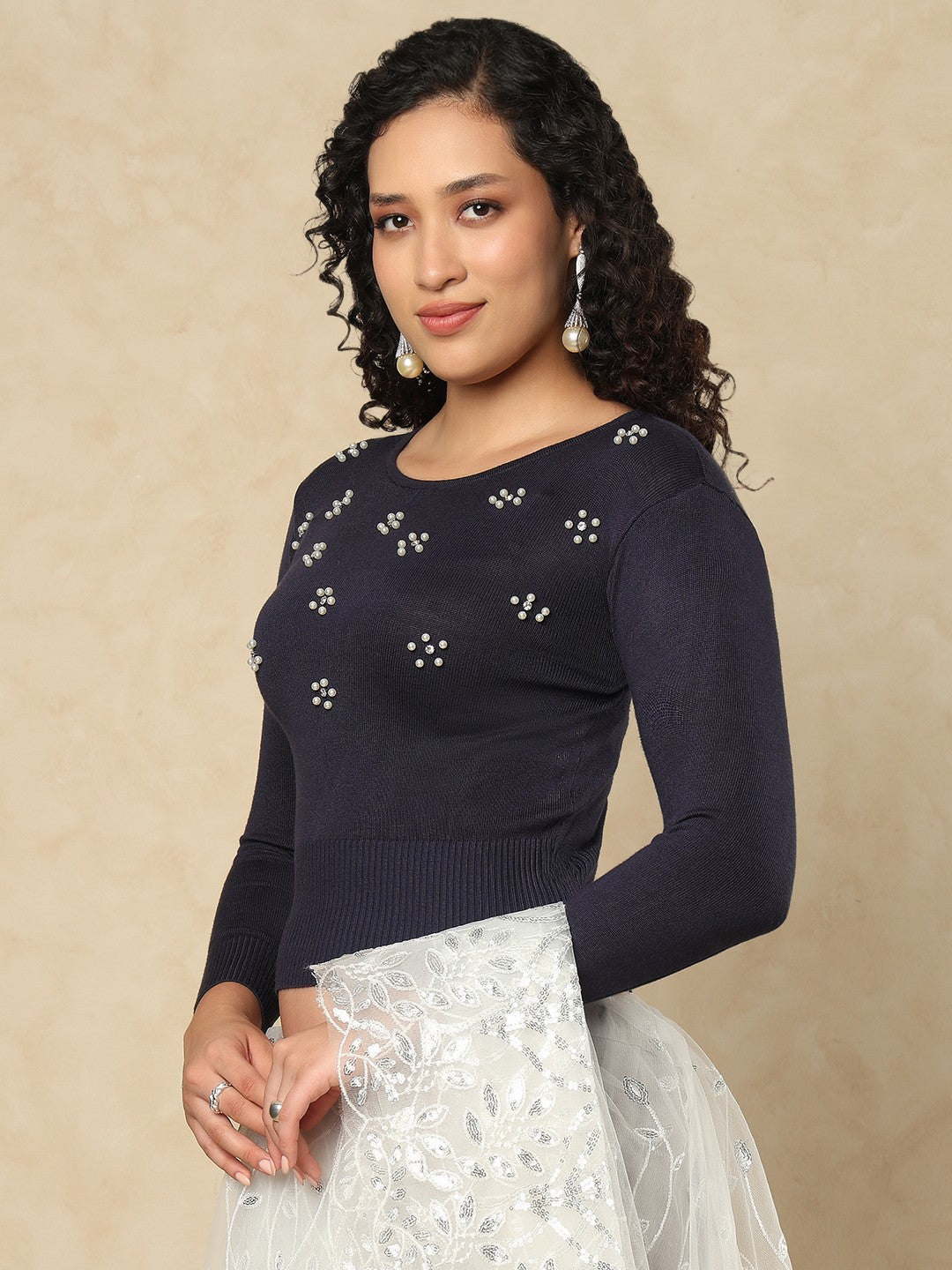 Navy Blue Woolen Round Neck Readymade Blouse