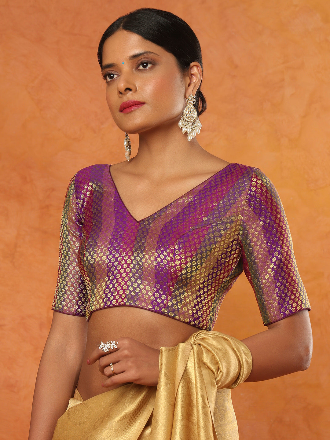 Purple Brocade V Neck Readymade Blouse