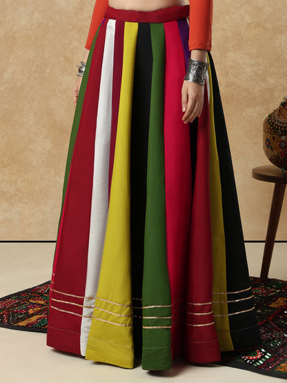 Multicolour Cotton Panel Garba Readymade Skirt For Navratri