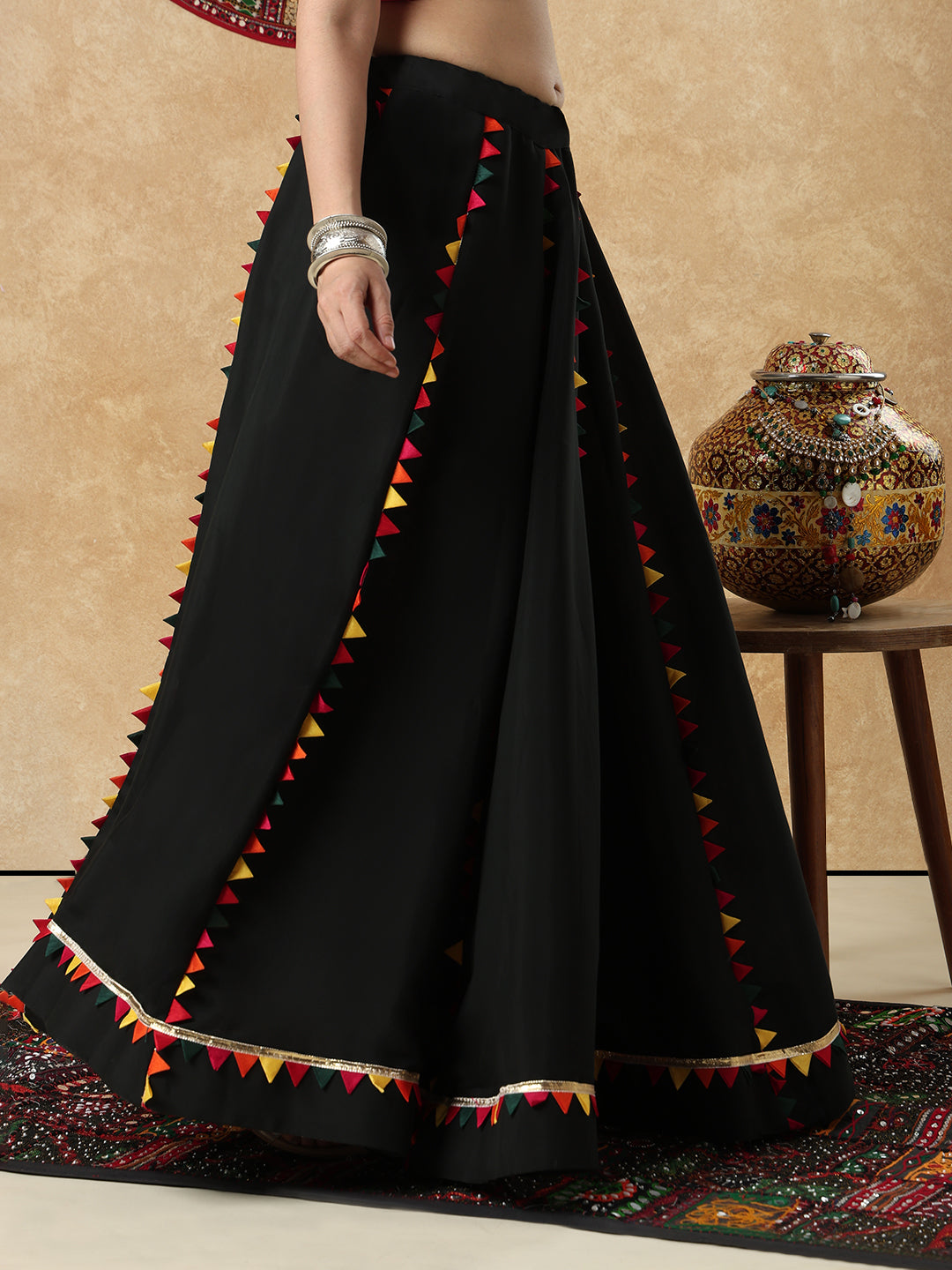 Black Cotton Garba Readymade Skirt For Navratri