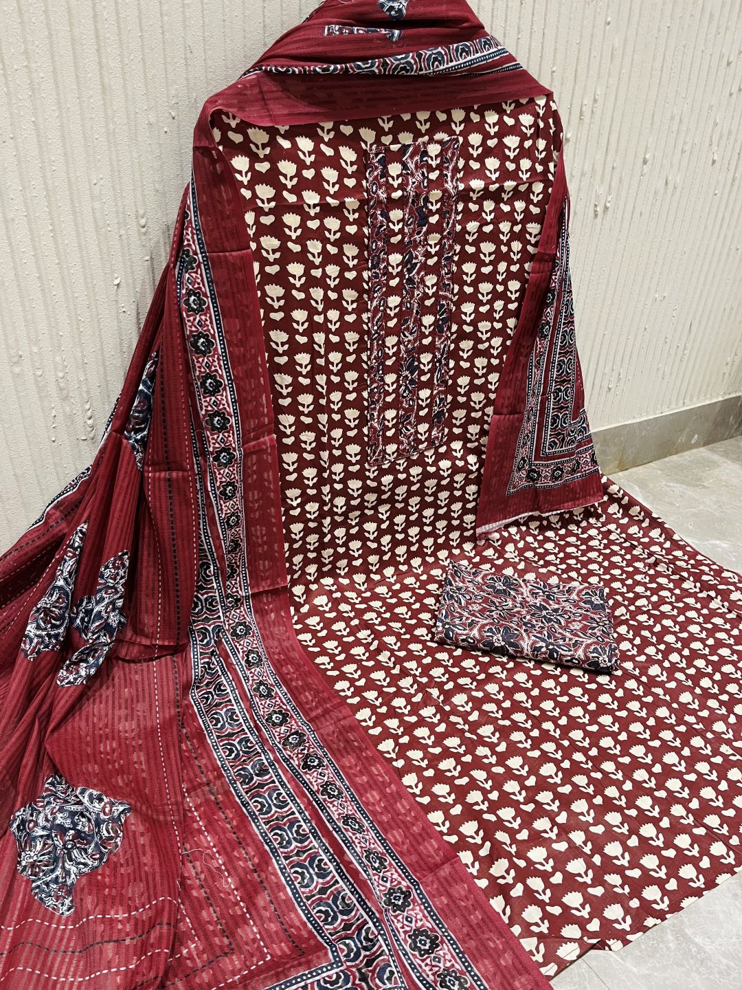 Maroon Cotton printed Unstitched Dress Material