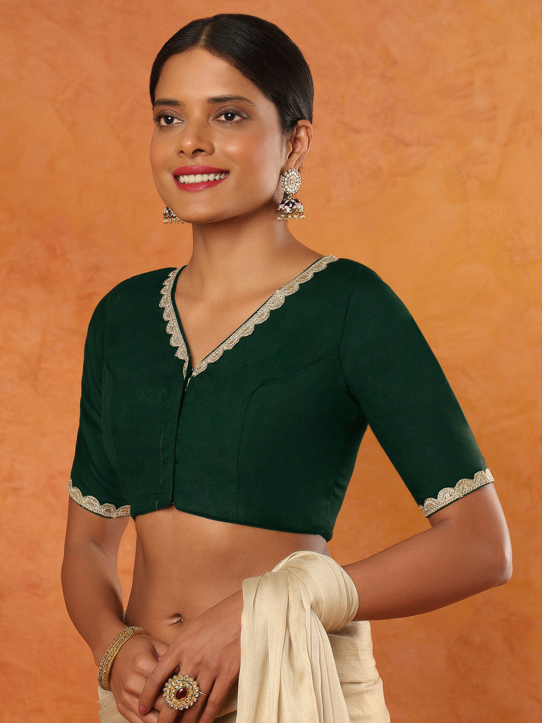 Green Rayon V Neck Readymade Blouse