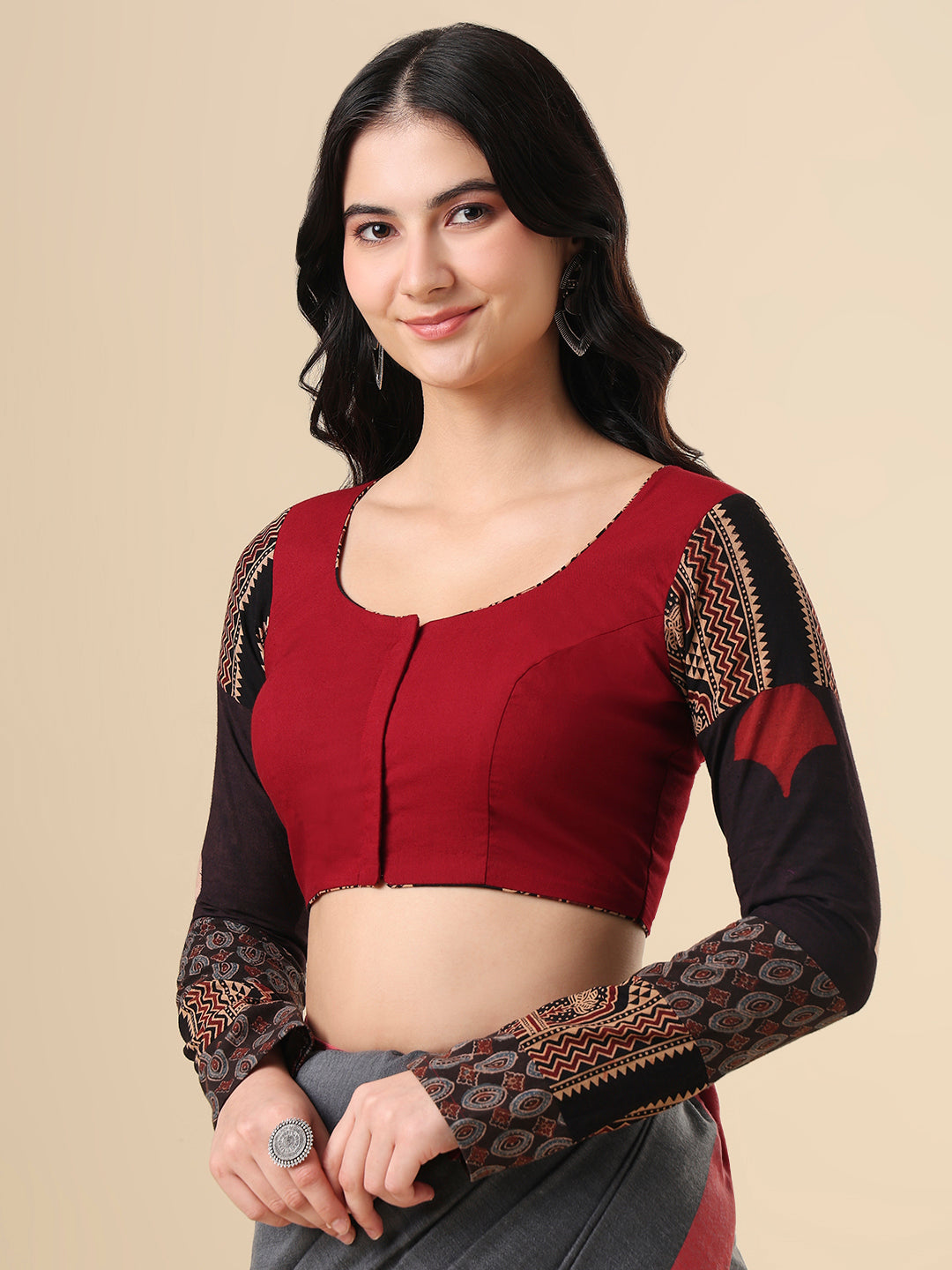 Maroon Pure Cotton Ajrakh Hand Block Printed Full Sleeves Readymade Blouse
