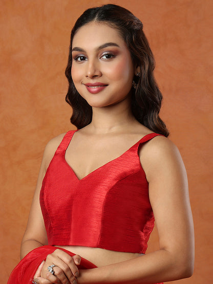 Red Silk Sleeveless Readymade Blouse