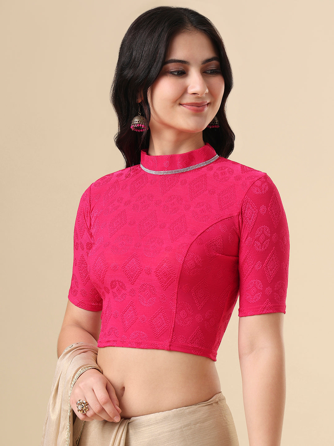 Pink Lycra Stand Collar Neck Readymade Blouse