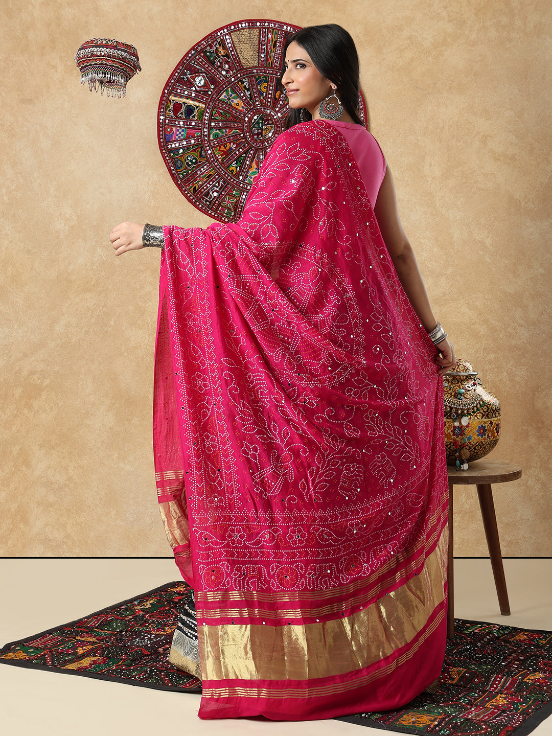 Pink Silk Bandhani Printed Festive Garba Dupatta For Navratri