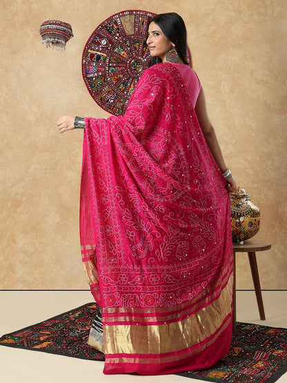 Pink Silk Bandhani Printed Festive Garba Dupatta For Navratri