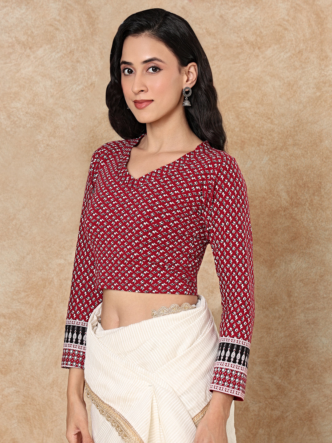 Maroon Cotton Kalamkari Stretchable Readymade Non Padded Blouse