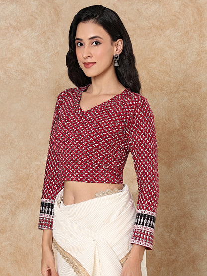 Maroon Cotton Kalamkari Stretchable Readymade Non Padded Blouse