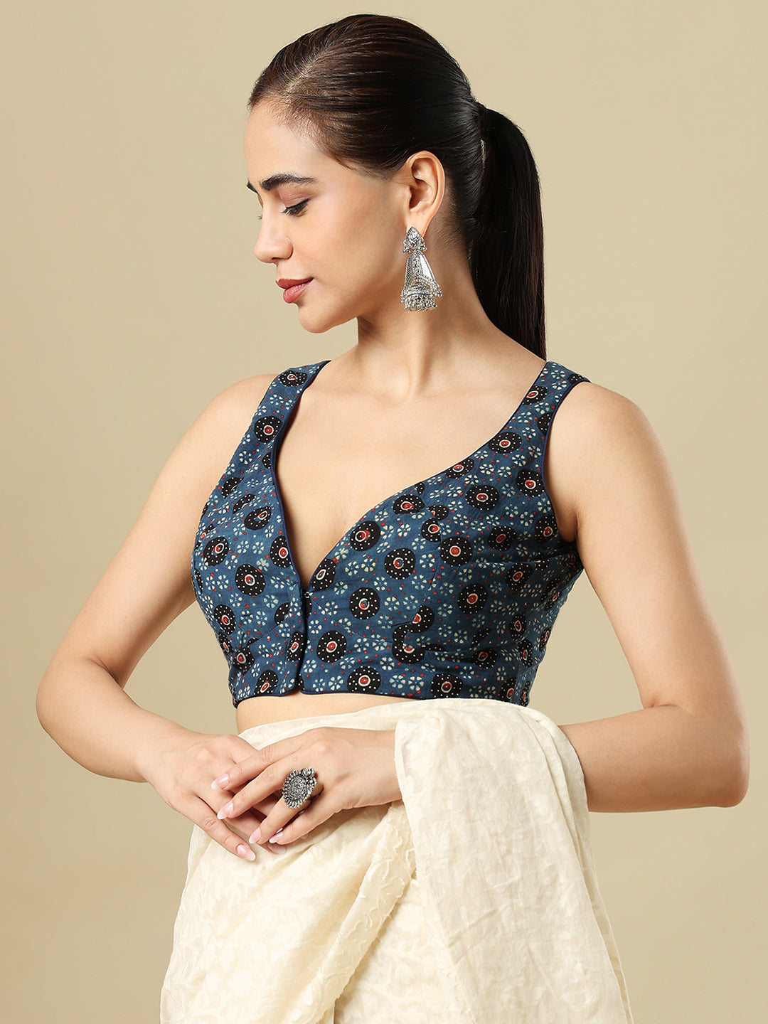 Blue Pure Cotton Ajrakh Hand Block Printed Readymade Blouse