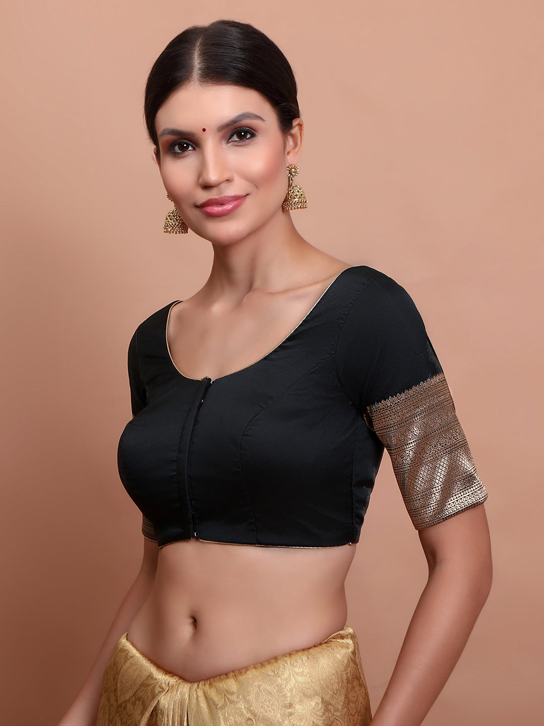 Black Silk Round Neck Readymade Blouse With Elbow Length Sleeves