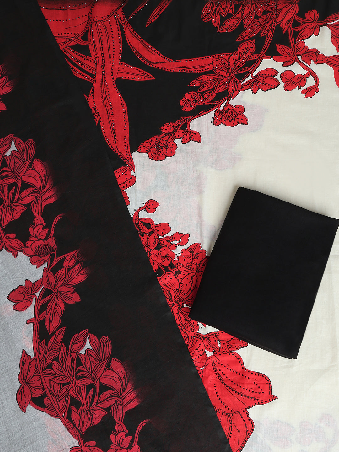 Cotton Embroidered Black & Red Unstitched Dress Material