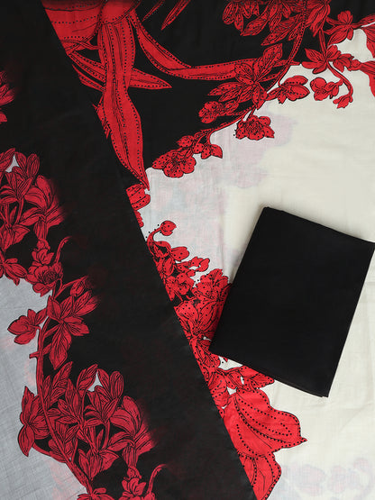Cotton Embroidered Black & Red Unstitched Dress Material