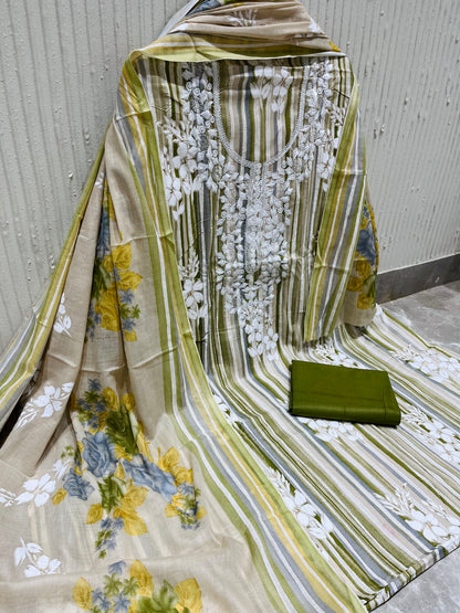 Olive Cotton Embroidered Unstitched Dress Material