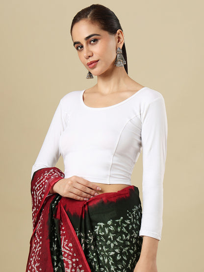 White Cotton Lycra Round Neck Stretchable Saree Blouse