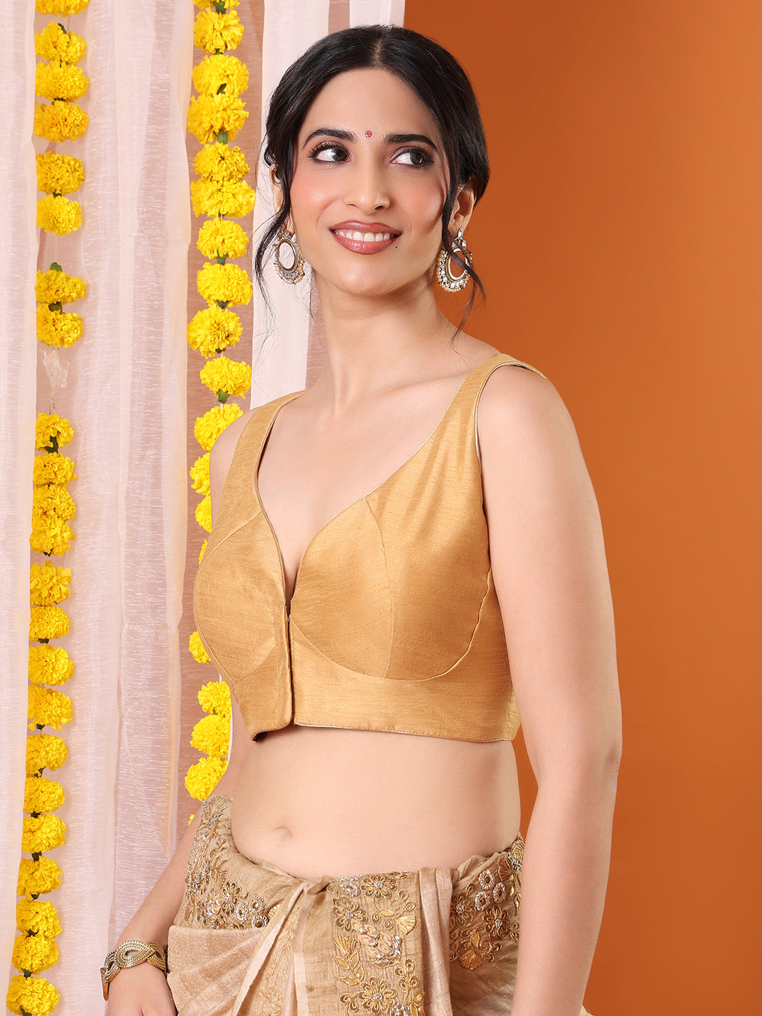 Beige Silk Embroidered Sweetheart Neck Padded Saree Blouse
