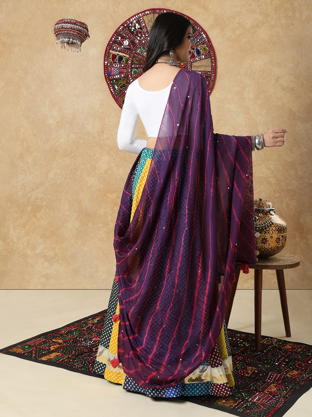 Purple Silk Tie & Dye Festive Garba Dupatta For Navratri