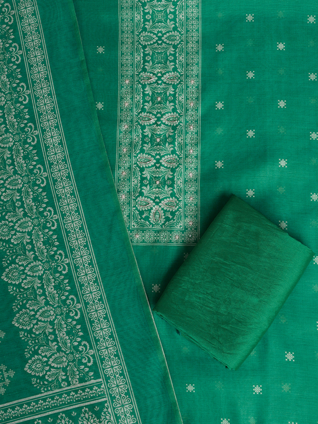 Sea Green Chanderi Silk Embellished Unstitched Dress Material (3 Pc)