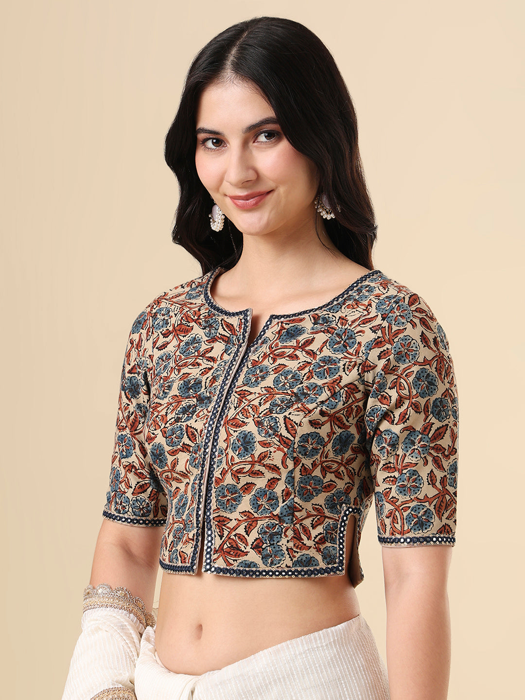 Beige Pure Cotton Ajrakh Hand Block Printed Readymade Blouse