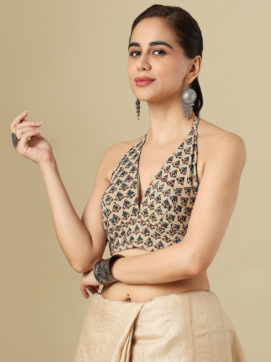 Beige Ajrakh Hand Block Printed Pure Cotton Halter Neck Padded Saree Blouse