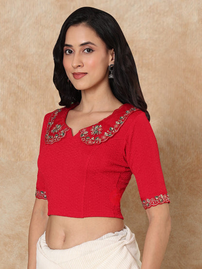 Red Embroidered Non Padded Stretchable Saree Blouse