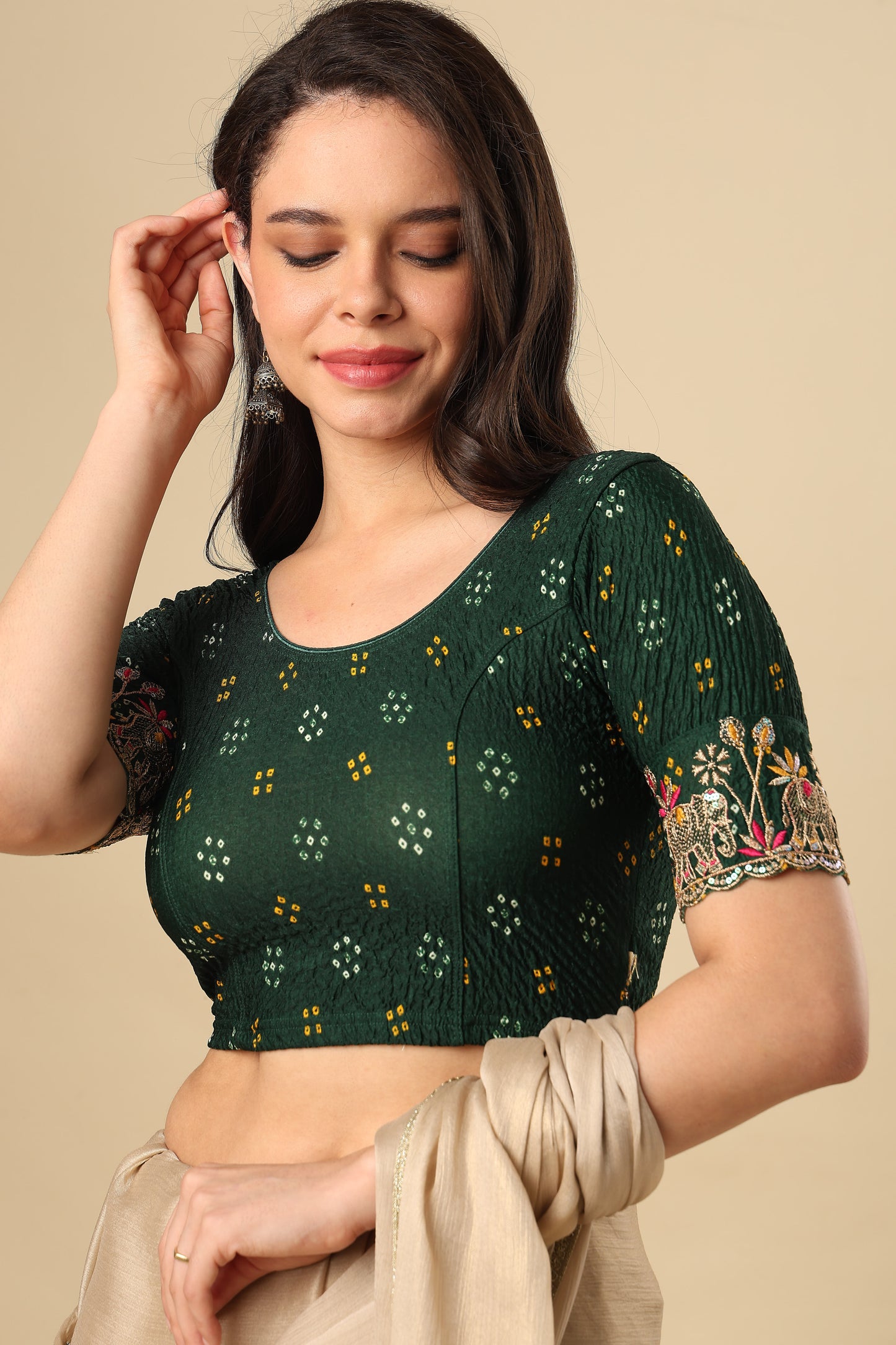 Green Embroidered Non Padded Stretchable Garba Saree Blouse
