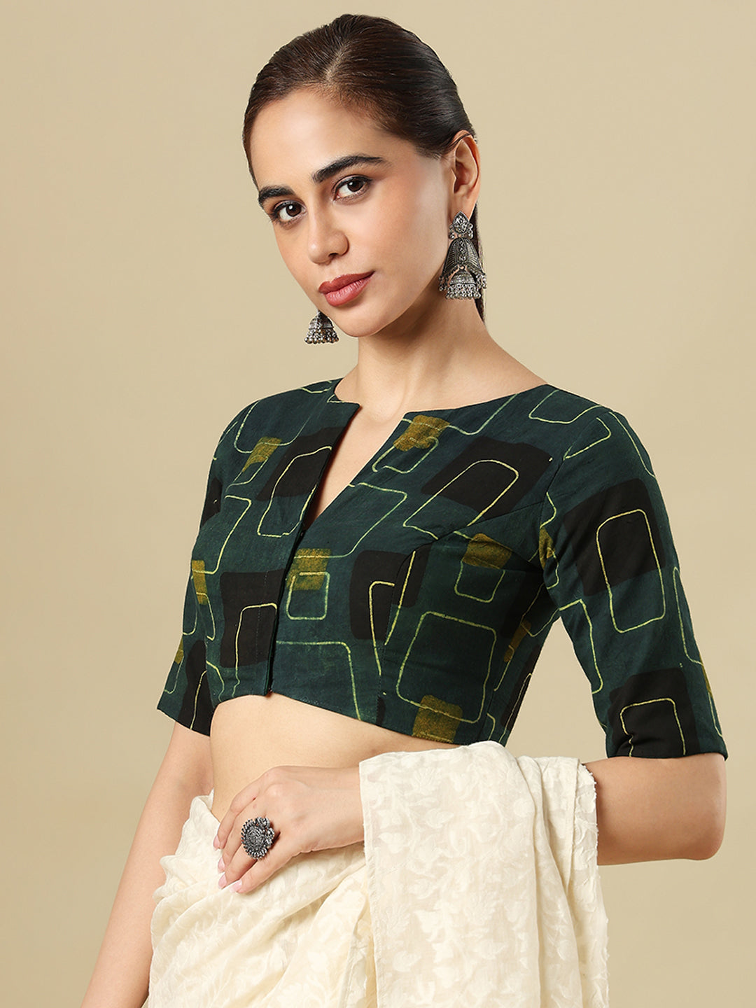 Ajrak Block Printed Cotton Boat Neck Padded Saree Blouse