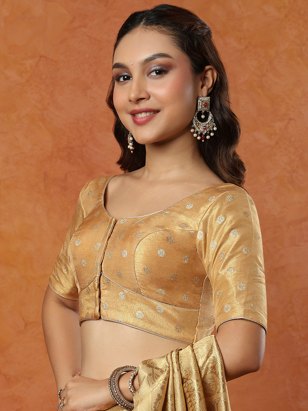 Copper Tissue Round Neck Readymade Blouse