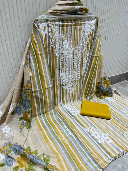 Yellow Cotton Embroidered Unstitched Dress Material