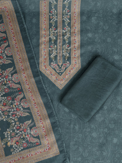 Teal Blue Chanderi Silk Embellished Unstitched Dress Material (3 Pc)