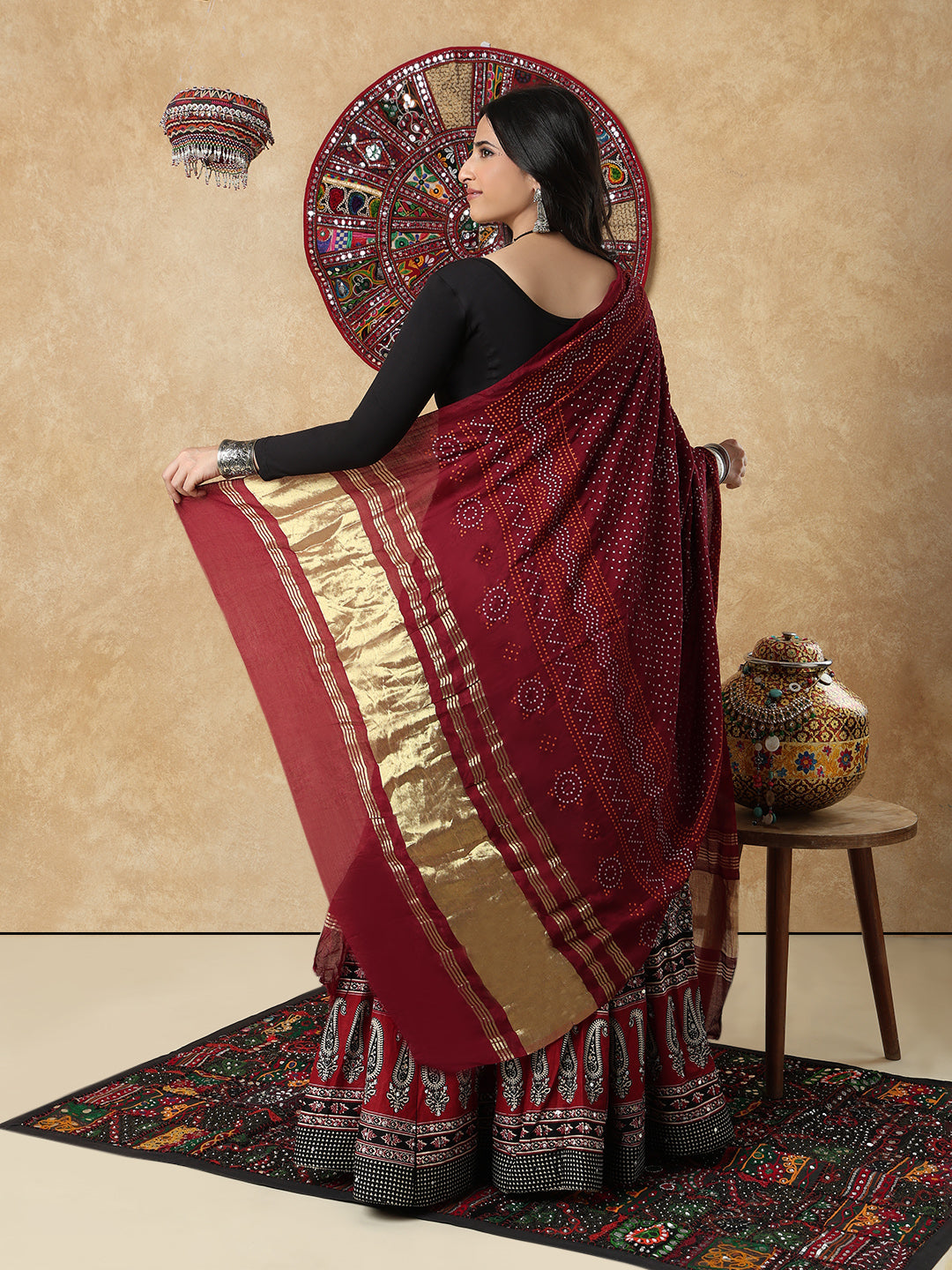 Maroon Silk Bandhani Printed Festive Garba Dupatta For Navratri